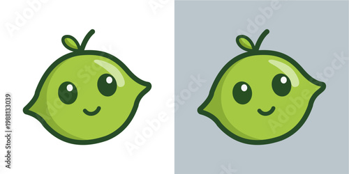 A charming, cartoon-style lime character with big eyes and a cheerful smile. This versatile graphic is ideal for children's media, food branding, or health and wellness campaigns, presented on both wh