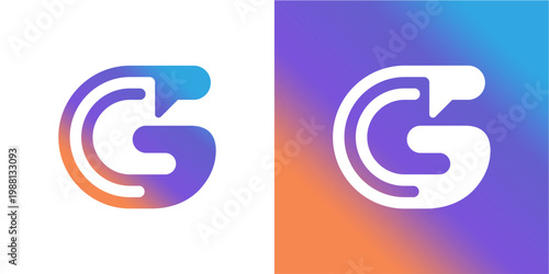 A stylized 'G' letter logo featuring an integrated speech bubble, symbolizing communication, messages, and conversation. Available in vibrant gradient and clean white versions, suitable for branding a