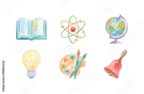 Watercolor Education and School Supplies Icon Set