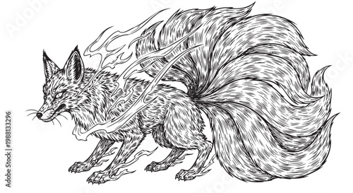 Fox with Flames and Horns Mythical Creature