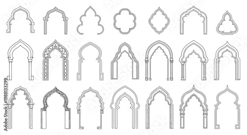 Vector illustration of set of various traditional islamic and moorish architectural arch designs