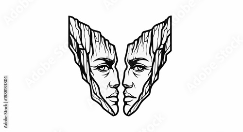 Two facing faces carved into abstract, textured rock formations