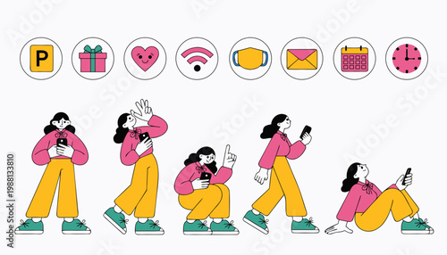 A recurring female character in five different poses, highlighting various ways of interacting with a smartphone. The style is minimalist, using a bold color palette of pink, yellow, and teal.