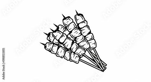 A black and white illustration of several skewers of food