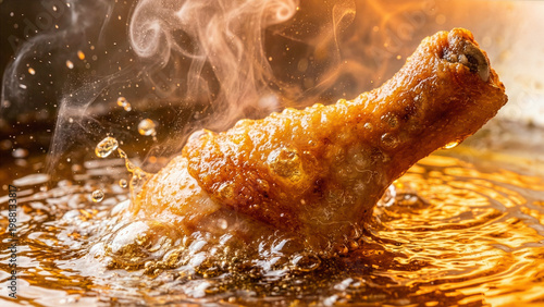 Crispy Fried Chicken Drumstick Splashing in Hot Cooking Oil with Steam Deep Frying Action Food Photography with Golden Brown Crust and Oil Droplets