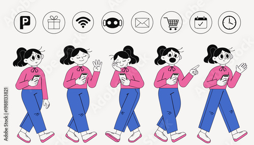 A person in different poses while using a smartphone. Around them are icons representing everyday digital activities, such as parking, shopping, messaging, scheduling, and internet use.