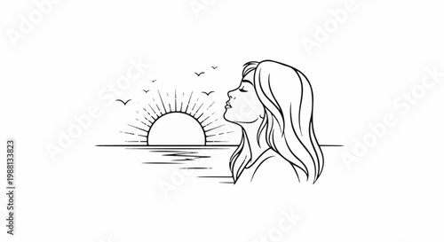 Woman enjoying a peaceful sunrise over the ocean with birds flying