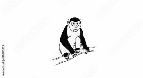A black and white sketch of a monkey with white face and black back on a branch