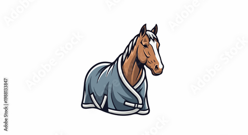 A brown horse wearing a blue blanket, presented as a graphic illustration