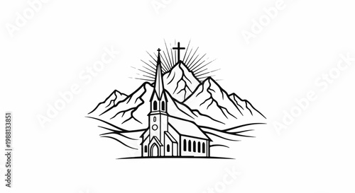 A church with a cross atop mountains under a radiant sunburst