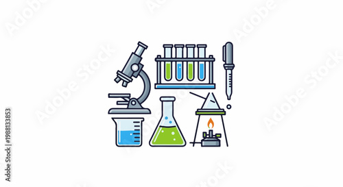A collection of laboratory equipment including beakers, flasks, test tubes, and a microscope