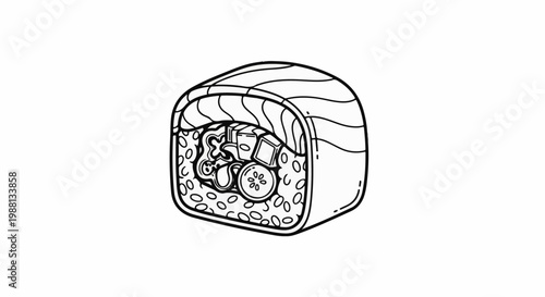 A close-up, outline drawing of a single sushi roll with fish and vegetables