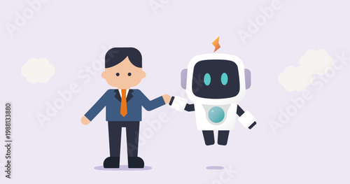 Business Person and AI Robot Partnership Teamwork Flat Vector Illustration