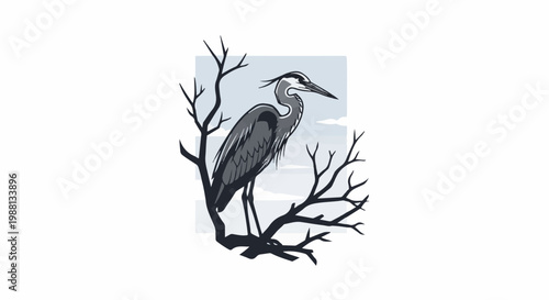 A gray heron perched on a bare branch against a cloudy sky