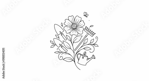 A decorative line art illustration features gardening tools, a flower, and a butterfly