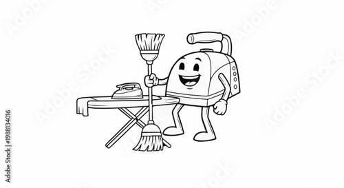 Cartoon appliance character with broom and ironing board