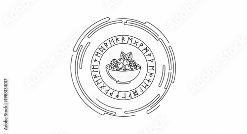 A stylized circular emblem with runes encircling a bowl of berries