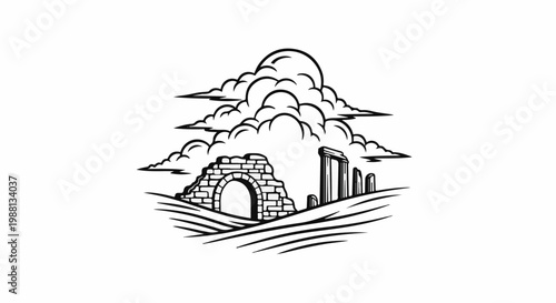 Ancient ruins under dramatic clouds, a stone archway and standing stones