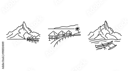 Minimalist Line Art of Tropical Island Scenes