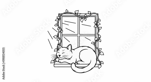 A content cat sleeps on a window ledge surrounded by ivy