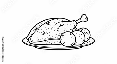 A line drawing of a roasted chicken with three round accompaniments on a plate