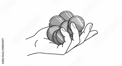 A line drawing of a hand holding a pile of shiny coins on a white background