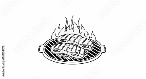 Black and white illustration of two steaks grilling over flames on a circular grill