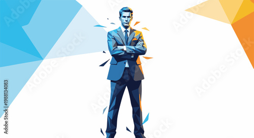 Confident man in a suit with arms crossed against abstract geometric background