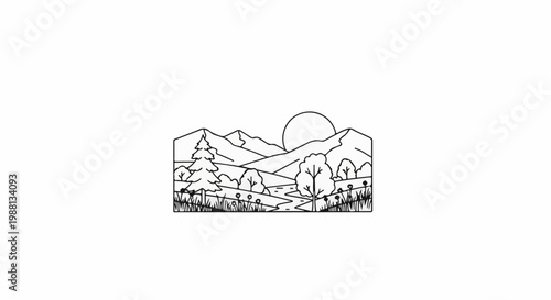 A minimalist line drawing depicts a peaceful mountain landscape at sunrise with a winding river