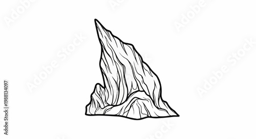 Black and white outline drawing of a sharp, jagged rock formation