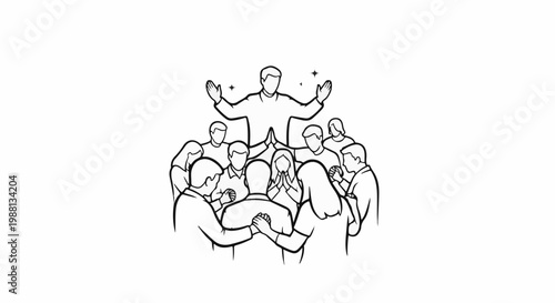 Group of people gathered around a central figure with raised arms in worship