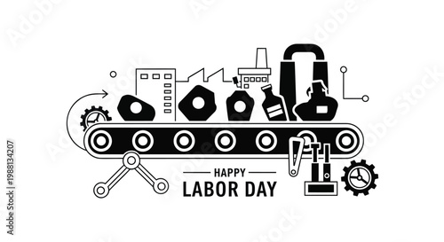 Happy Labor Day illustration with a factory conveyor belt showcasing industrial production elements