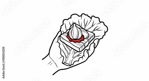 Hand holding lettuce leaf with wooden block, garlic, and red sauce