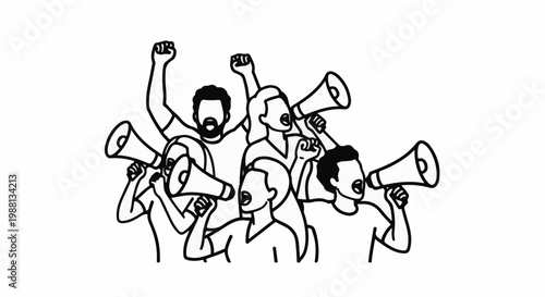 Group of people with megaphones and raised fists in a protest