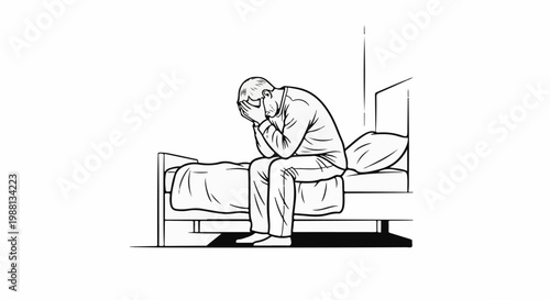 Depressed person sits on edge of bed, head in hands, contemplating