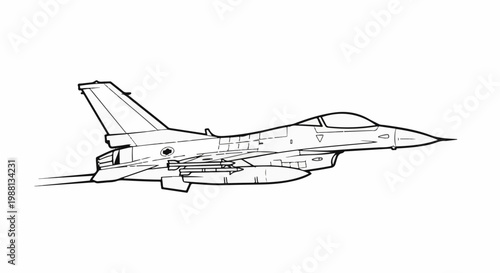 Black and white line drawing of a fighter jet with missiles