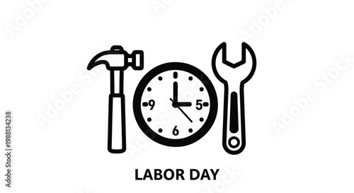 Celebrating the essence of Labor Day with iconic symbols of hard work and dedication, featuring essential tools and the passage of time in a clear, illustrative design