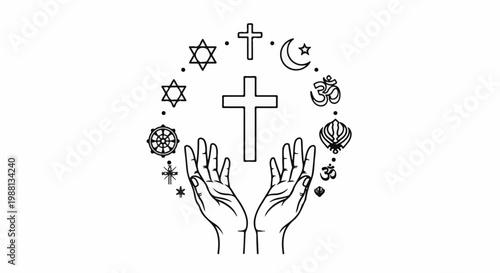 Hands reach up, symbolizing religious diversity with various faiths encircling