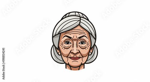 Detailed cartoon portrait of an elderly woman with silver hair tied up