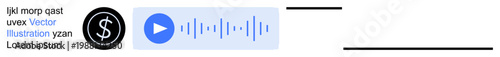 Payment systems, audio streaming, digital interfaces, online services, fintech design, and technology concepts. Black dollar sign icon with play button adjacent to waveform. Payment systems and audio