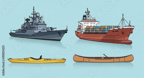 Collection of four different types of watercraft including ships and kayaks.