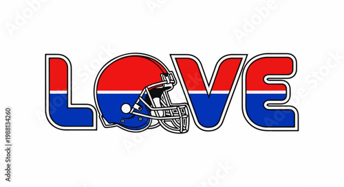 The word LOVE displayed with a football helmet replacing the letter O, in red, white, and blue