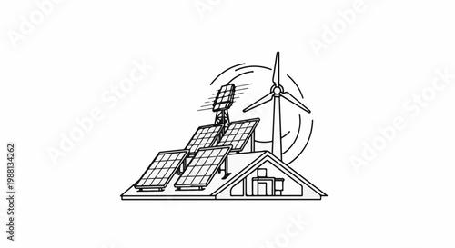 Building with solar panels and wind turbine, symbolizing green energy
