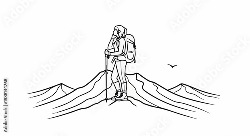 Hiker pauses on mountain peak, contemplating vista with soaring bird