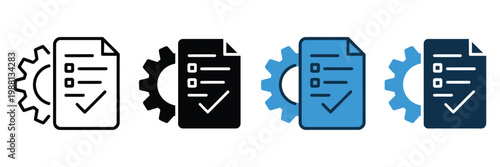 Document process management and approved settings icon set with gear and check, mark symbols, isolated vector collection in modern line and flat style for workflow approval, system configuration
