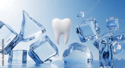 Floating Ice Cubes Surrounding a Single White Tooth in a Cooling Water Environment