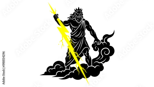 Silhouette of Zeus Holding Lightning Bolt with Clouds