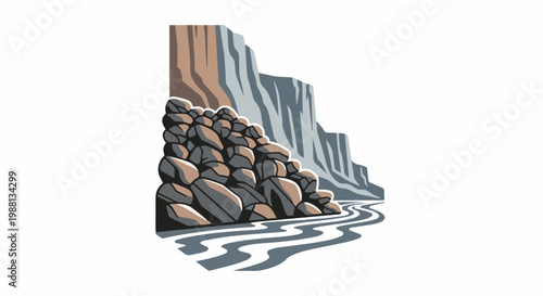 Jagged cliffs meet a rocky shore with a winding river