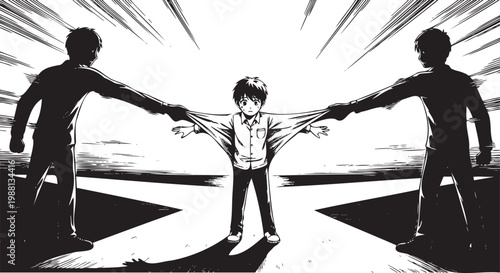 Boy torn between two men on forked road