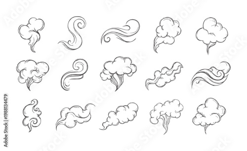 Collection of hand drawn smoke and cloud in charcoal style steam vapor swirl